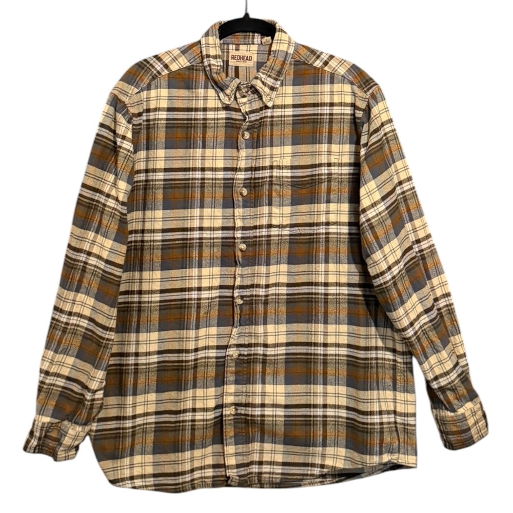 Redhead Mens Plaid Flannel Shirt Gorpcore Brown Cotton Button Down Large